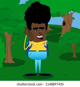 Schoolboy holds both hand at his ear, listening. Vector cartoon character illustration.