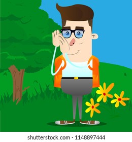 Schoolboy holds both hand at his ear, listening. Vector cartoon character illustration.
