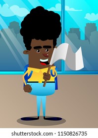 Schoolboy holds white flag of surrender. Vector cartoon character illustration.