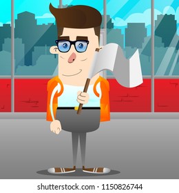 Schoolboy holds white flag of surrender. Vector cartoon character illustration.