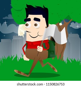 Schoolboy holds white flag of surrender. Vector cartoon character illustration.