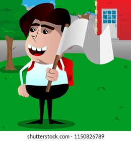 Schoolboy holds white flag of surrender. Vector cartoon character illustration.