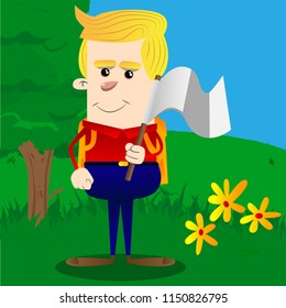 Schoolboy holds white flag of surrender. Vector cartoon character illustration.