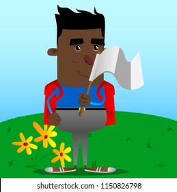 Schoolboy holds white flag of surrender. Vector cartoon character illustration.