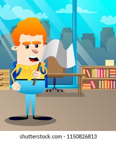 Schoolboy holds white flag of surrender. Vector cartoon character illustration.