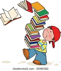 Schoolboy with huge pile of books