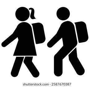 schoolboy icon, kid symbol isolated, boy and girl with backpack, human silhouette, child symbol. vector