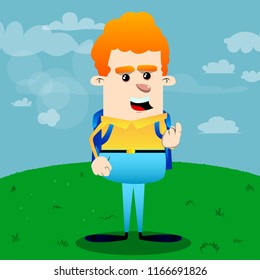 Schoolboy inviting to come there. Vector cartoon character illustration.