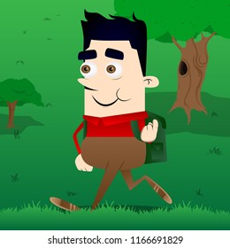 Schoolboy inviting to come there. Vector cartoon character illustration.