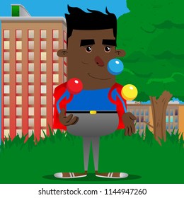 Schoolboy juggler. Vector cartoon character illustration.
