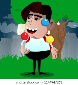 Schoolboy juggler. Vector cartoon character illustration.
