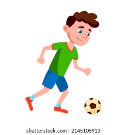 Schoolboy Kid Playing Soccer On Stadium Vector. School Boy Child Play Soccer Team Game And Kick Football Ball On Field. Preteen Character Player Sport Competition Flat Cartoon Illustration