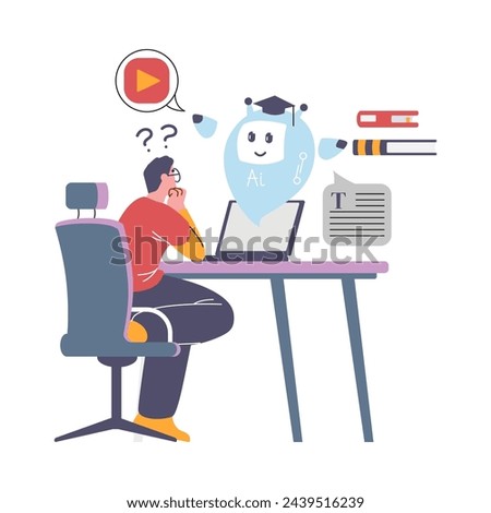 Schoolboy with laptop studying with chat bot. Web site with ai robotic assistance on the screen. Digital education vector illustration. Student teaches online lesson from Artificial intelligence