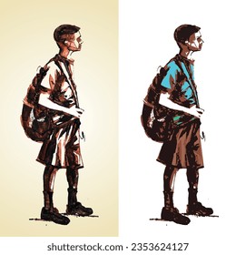 Schoolboy with large retro backpack