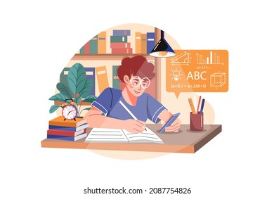 Schoolboy learning online course on mobile Illustration concept. Flat illustration isolated on white background.