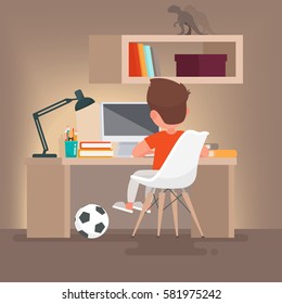 Schoolboy learns lessons at home. Boy reading while sitting at your desk. Vector illustration in a flat style