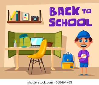 Schoolboy learns lessons at home. Cartoon vector illustration