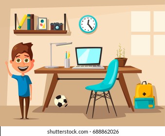 Schoolboy learns lessons at home. Cartoon vector illustration