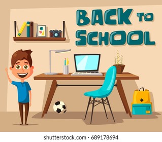 Schoolboy learns lessons at home. Cartoon vector illustration