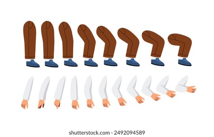 Schoolboy legs and arms set. Feet and hands. Pack of legs in arms. Design elements for creating animations. Education and training. Boy in school uniform. Flat vector collection