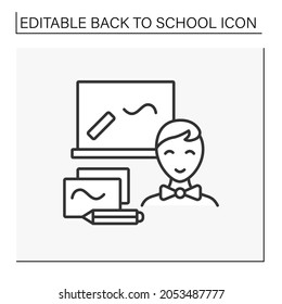 Schoolboy line icon. Back to school. Happy student learning school subjects. Writing on blackboard. Education concept. Isolated vector illustration. Editable stroke