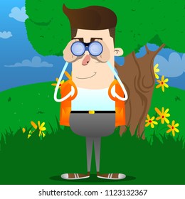 Schoolboy looking through binoculars. Vector cartoon character illustration.