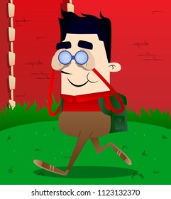 Schoolboy looking through binoculars. Vector cartoon character illustration.