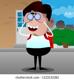 Schoolboy looking through binoculars. Vector cartoon character illustration.