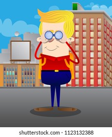 Schoolboy looking through binoculars. Vector cartoon character illustration.