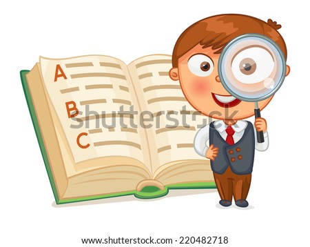 Schoolboy is looking for words in the encyclopedia. Little boy looking through a magnifying glass. Funny cartoon character. Vector illustration. Isolated on white background. Set
