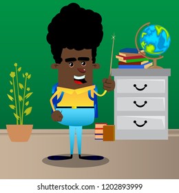 Schoolboy with a magic wand. Vector cartoon character illustration.