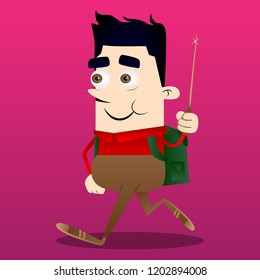 Schoolboy with a magic wand. Vector cartoon character illustration.