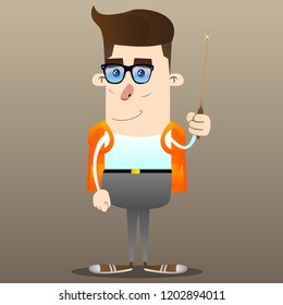 Schoolboy with a magic wand. Vector cartoon character illustration.