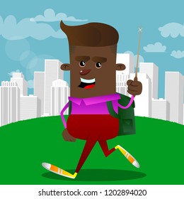 Schoolboy with a magic wand. Vector cartoon character illustration.