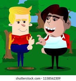 Schoolboy making friend zone symbol. Vector cartoon character illustration.