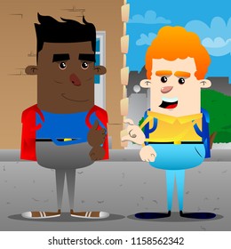 Schoolboy making friend zone symbol. Vector cartoon character illustration.