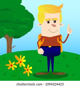 Schoolboy making a point. Vector cartoon character illustration.