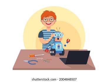 Schoolboy making robot. Children's robotics club, programming, constructor, engineering, technical education. School, summer camp. Vector illustration, cartoon character design. Sticker, logo, icon.