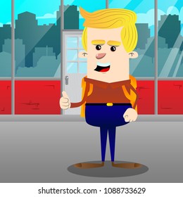 Schoolboy making thumbs up sign. Vector cartoon character illustration.
