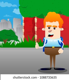 Schoolboy making thumbs up sign. Vector cartoon character illustration.