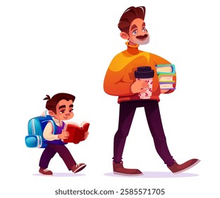 Schoolboy and male teacher walking to school isolated on white background. Vector cartoon illustration of smart boy with backpack reading book, man carrying coffee cup, stack of literature, education