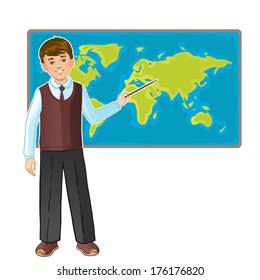 Schoolboy at map of the world, eps10