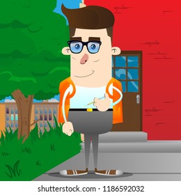 Schoolboy with medical injection in hand. Vector cartoon character illustration.