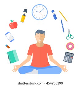 Schoolboy meditation. Flat vector education concept illustration of boy meditation. Student meditates in the lotus pose. Young male pupil sitting in the meditation surrounded with school supplies.