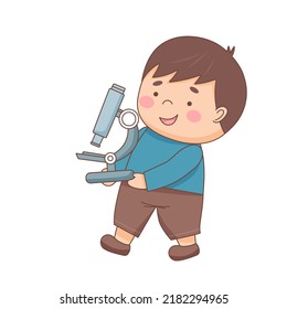 Schoolboy with microscope - back to school and education concept