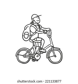 Schoolboy on the bicycle. Doodle. Vector. Isolated.