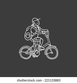 Schoolboy on the bicycle. Doodle. Vector. Isolated.