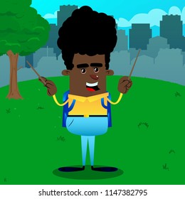 Schoolboy as an orchestra conductor. Vector cartoon character illustration.