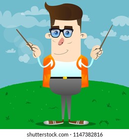 Schoolboy as an orchestra conductor. Vector cartoon character illustration.