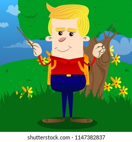 Schoolboy as an orchestra conductor. Vector cartoon character illustration.